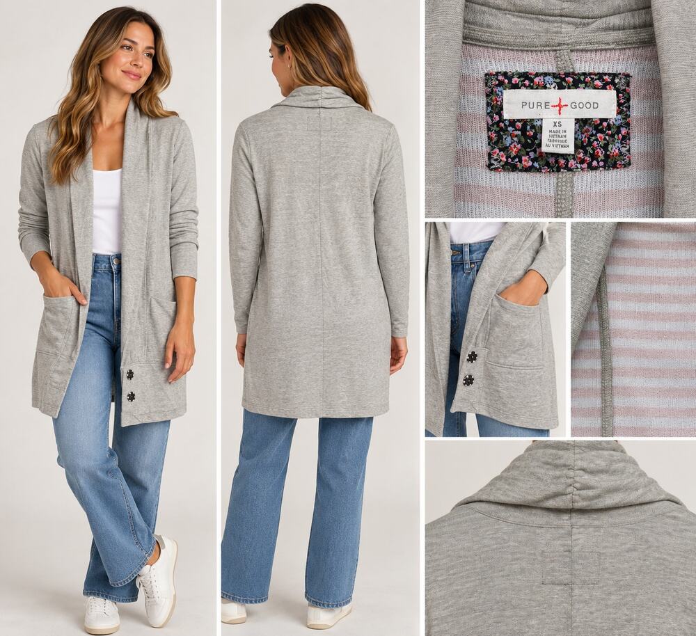 Pure + Good Cream/Green Long Open Front Cardigan Women’s XS Pockets